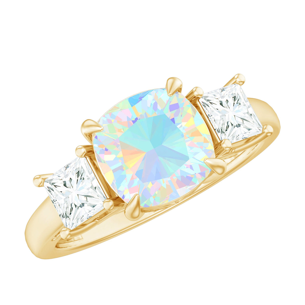 Cushion Cut Ethiopian Opal Three Stone Engagement Ring with Moissanite