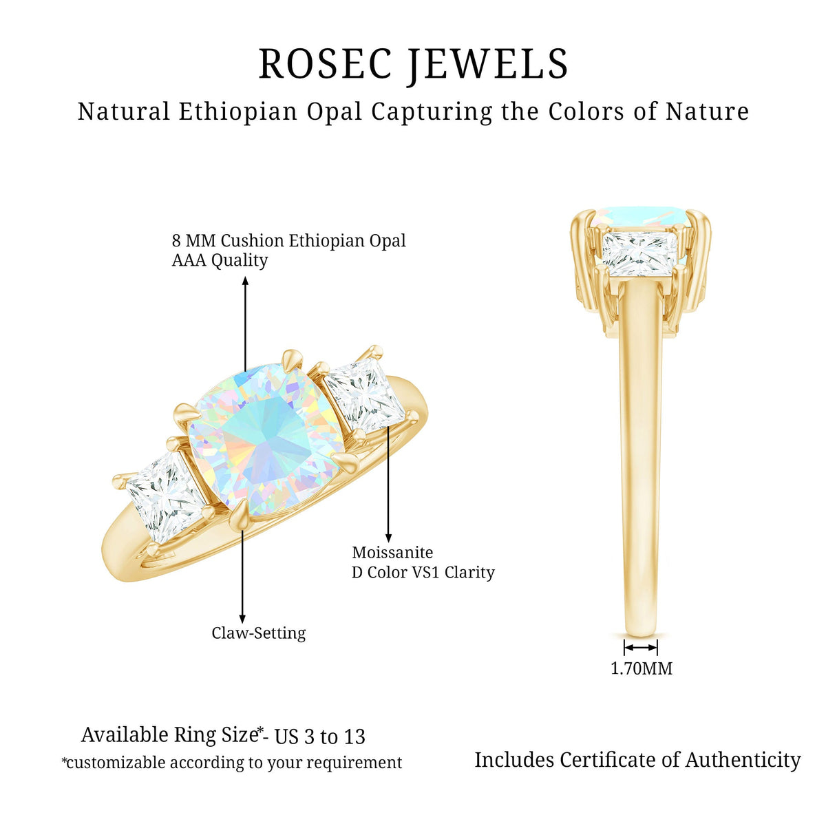Cushion Cut Ethiopian Opal Three Stone Engagement Ring with Moissanite