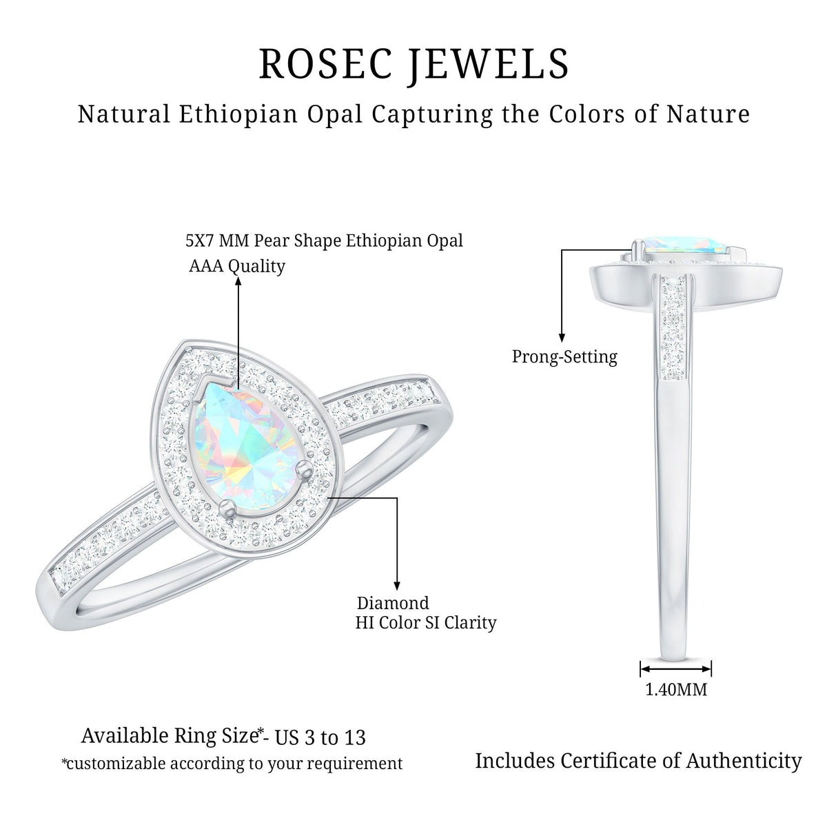 Natural 0.7 Carat Opalescent Teardrop Engagement Ring with Diamond Halo