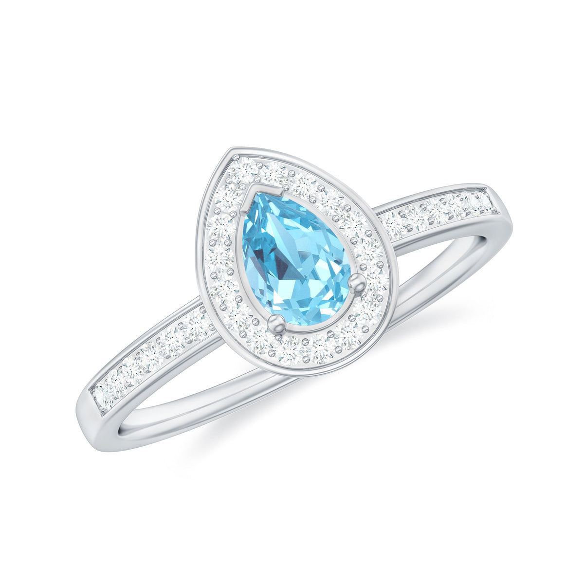 Natural Pear Shaped Aquamarine Engagement Ring with Diamond Halo