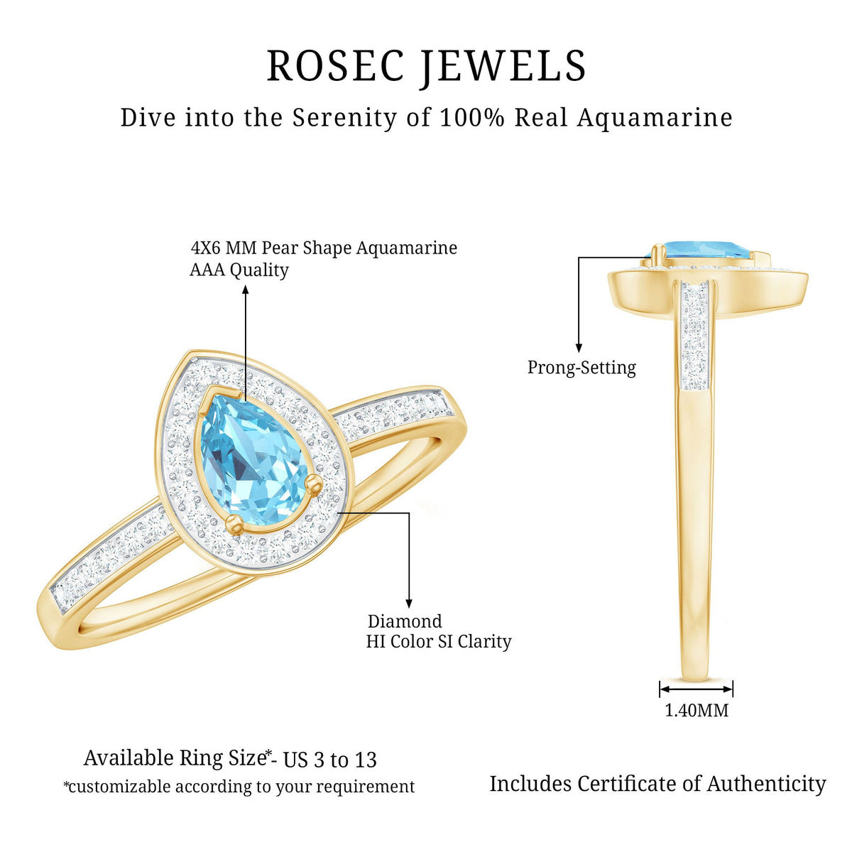 Natural Pear Shaped Aquamarine Engagement Ring with Diamond Halo