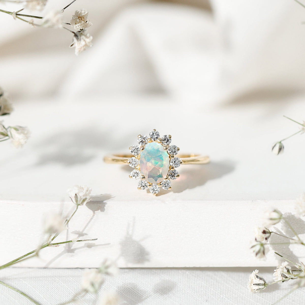 Certified Real Ethiopian Opal Oval Engagement Ring with Diamond Halo