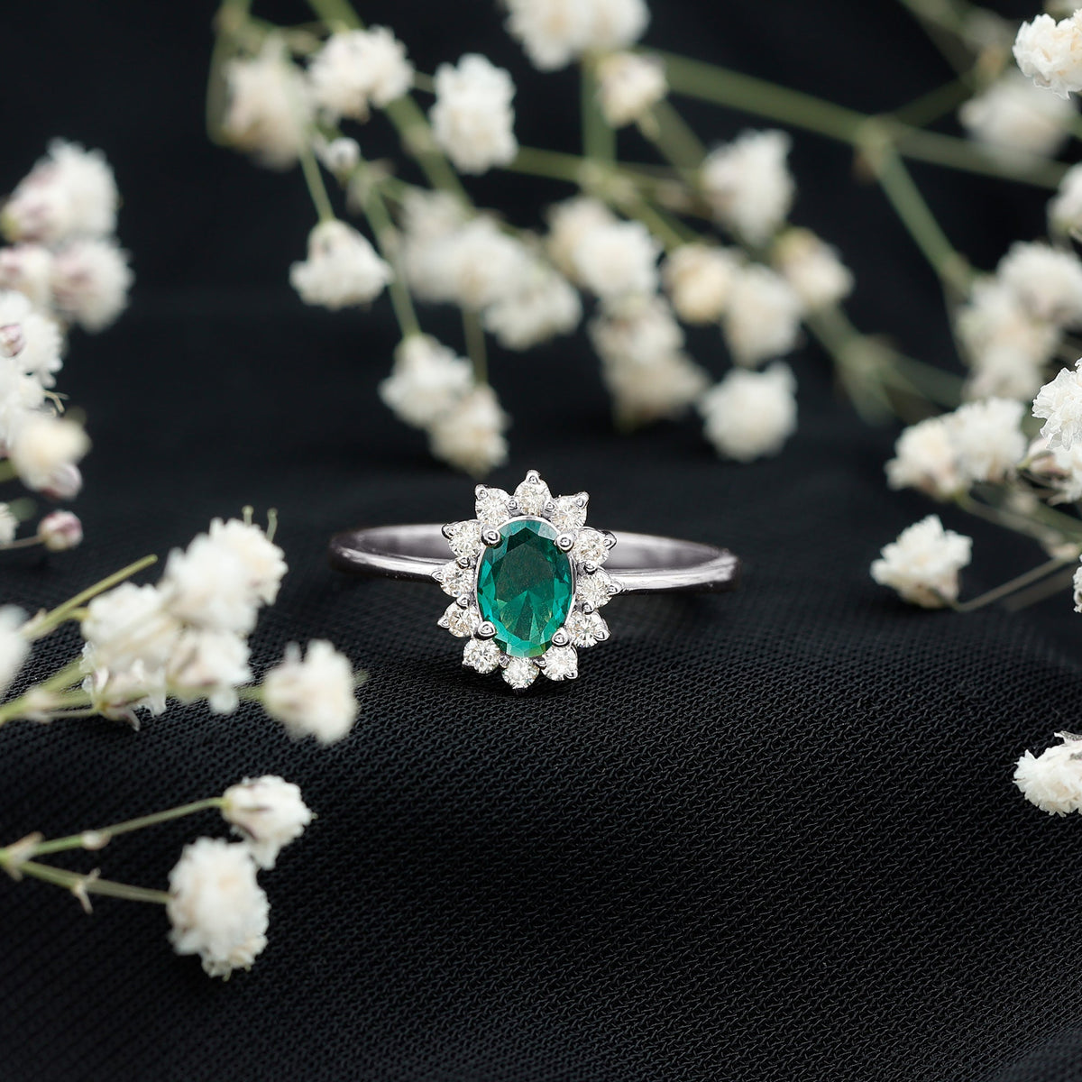 Lab Created Emerald Princess Diana Inspired Engagement Ring with Diamond