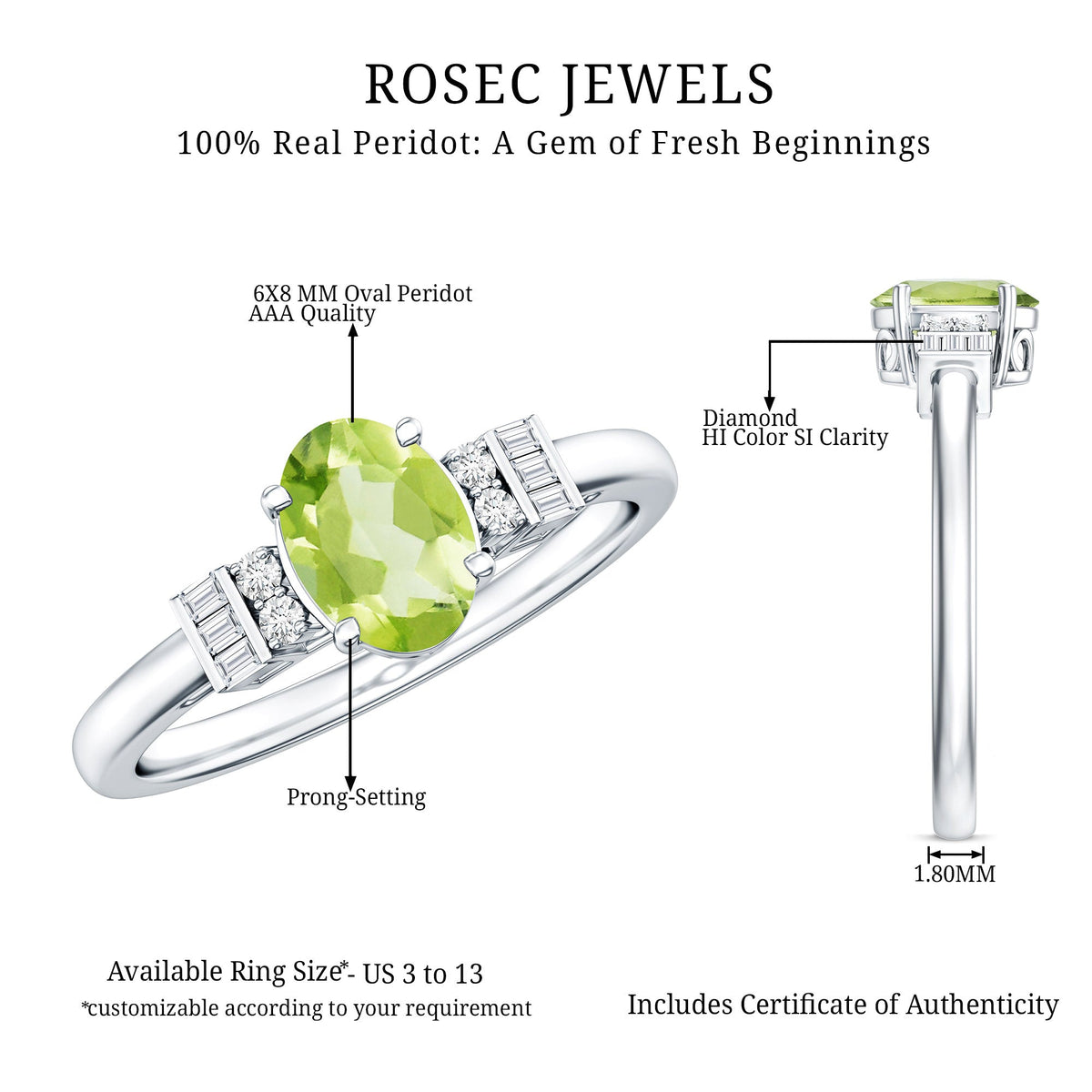 Genuine 1 Carat Peridot Oval Engagement Ring with Diamond