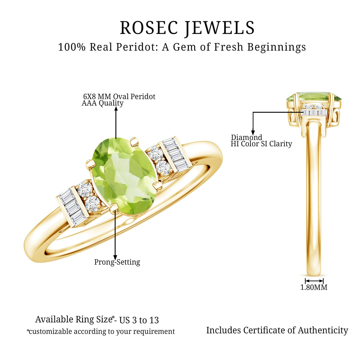 Genuine 1 Carat Peridot Oval Engagement Ring with Diamond