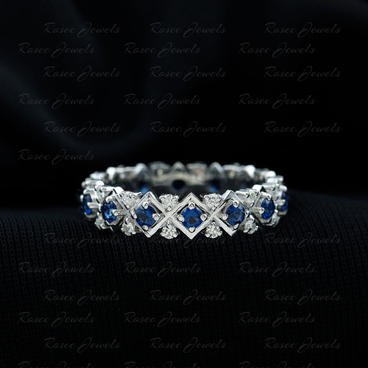 Lab Created Blue Sapphire and Diamond Designer Wedding Band for Women