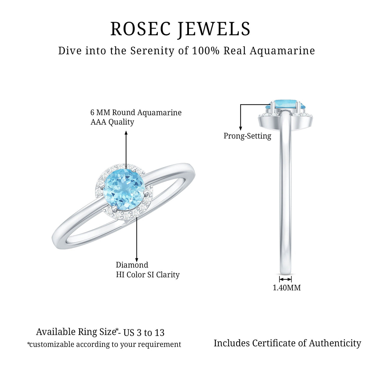 Certified Real Aquamarine Promise Ring with Diamond Halo