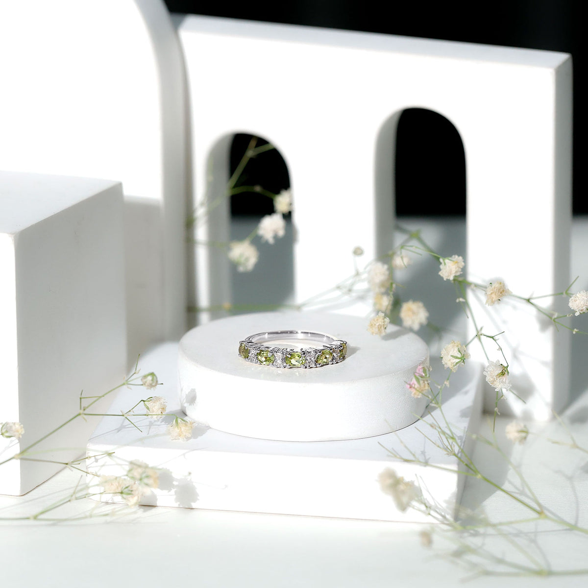 Natural Oval Peridot Diamond Half Eternity Ring in East West Style