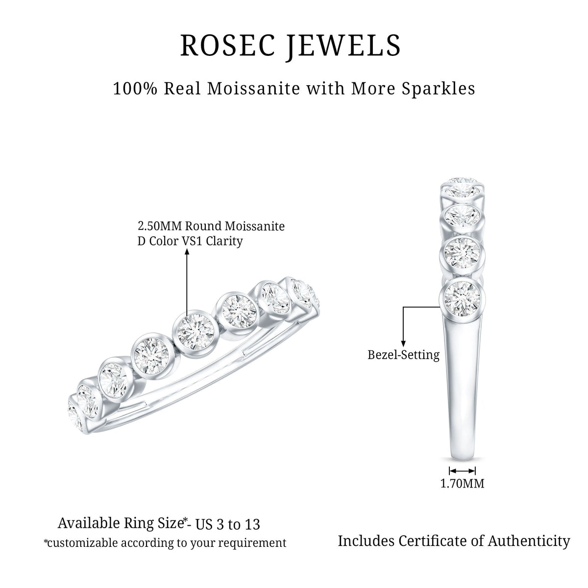 Bezel Set Moissanite Half Eternity Band Ring