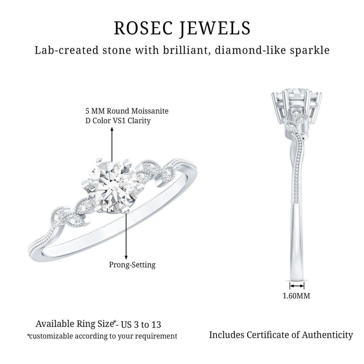 Certified Moissanite Flower Promise Ring with Beaded Detail