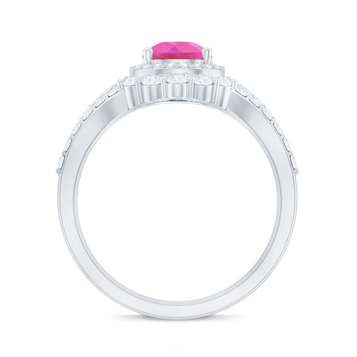 Pear Created Pink Sapphire Teardrop Ring Set with Moissanite Band