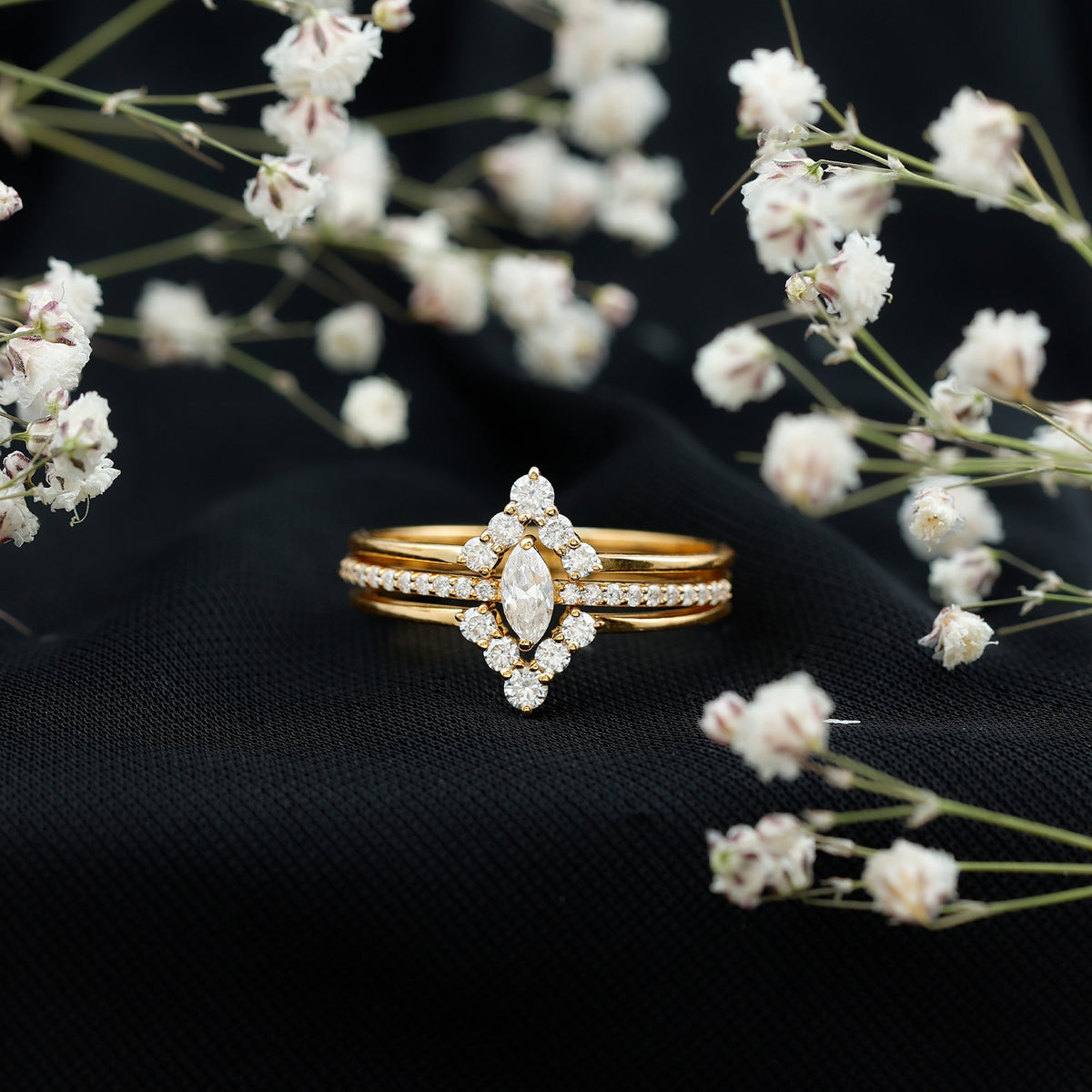Marquise Cut Moissanite Solitaire Trio Ring Set