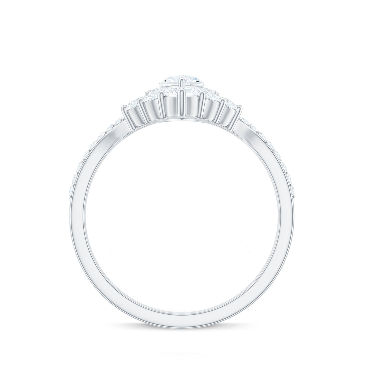 Marquise Cut Moissanite Halo Engagement Ring with Chevron Wedding Band