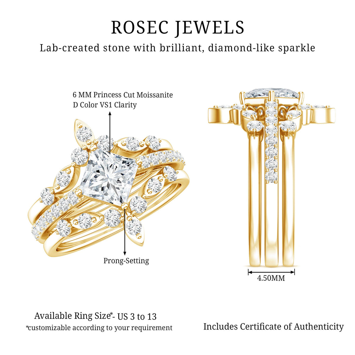 Classic Trio Bridal Ring Set with Princess and Round Cut Moissanites