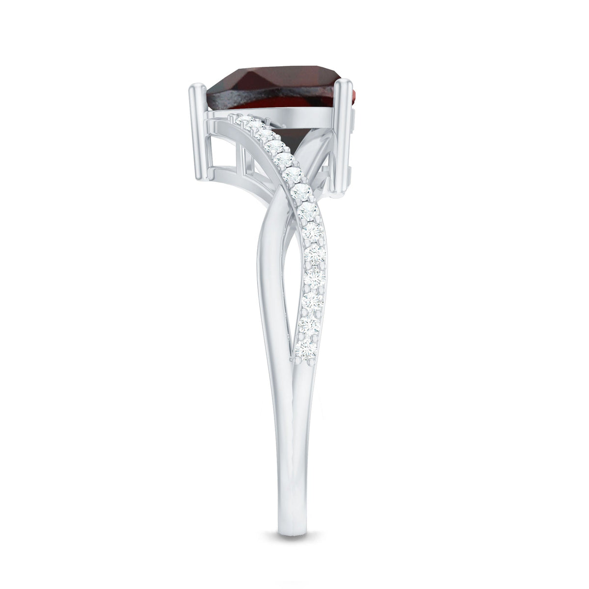Natural Garnet Heart Shaped Engagement Ring with Diamond Crossover Shank