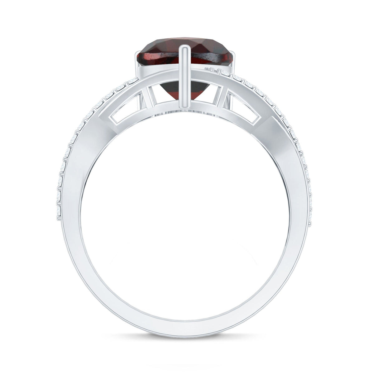 Natural Garnet Heart Shaped Engagement Ring with Diamond Crossover Shank
