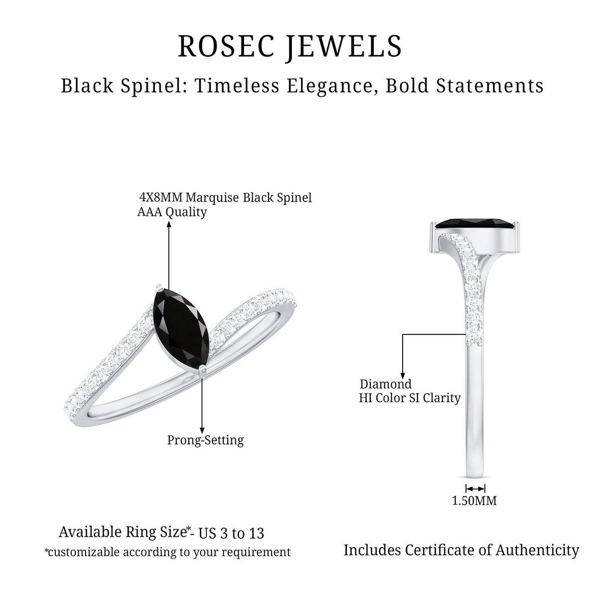 Real Marquise Black Spinel Promise Ring with Diamond Bypass Shank