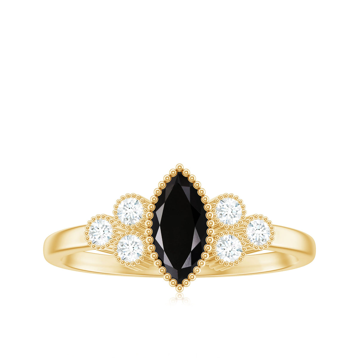 Natural Marquise Black Spinel Engagement Ring with Diamond Trio