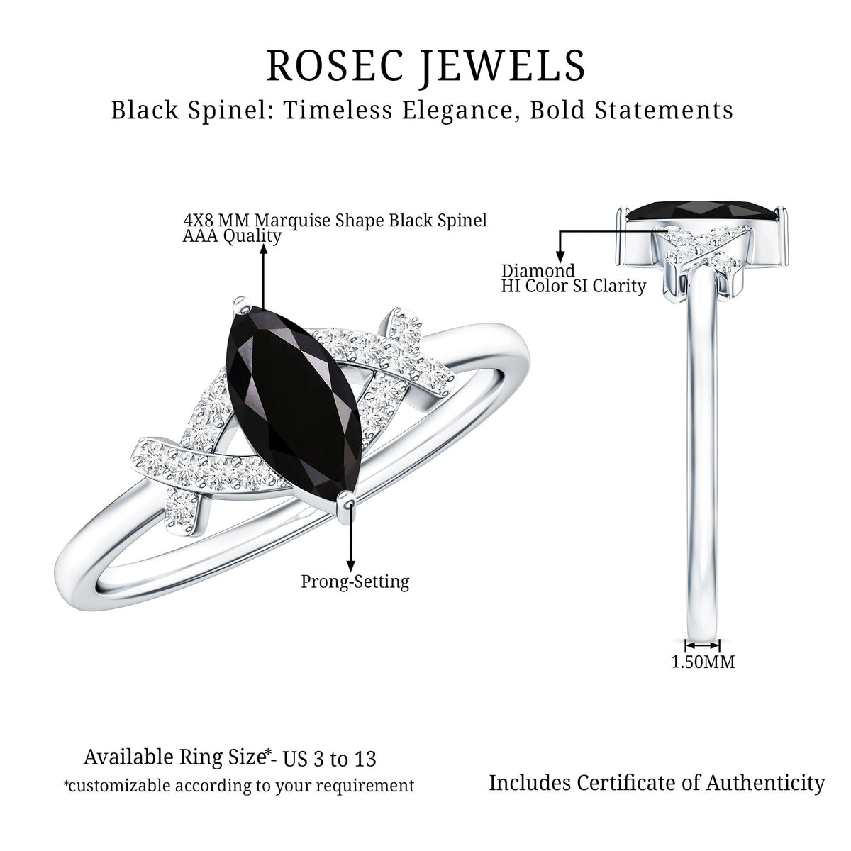 Natural Black Spinel Marquise Engagement Ring with Diamond
