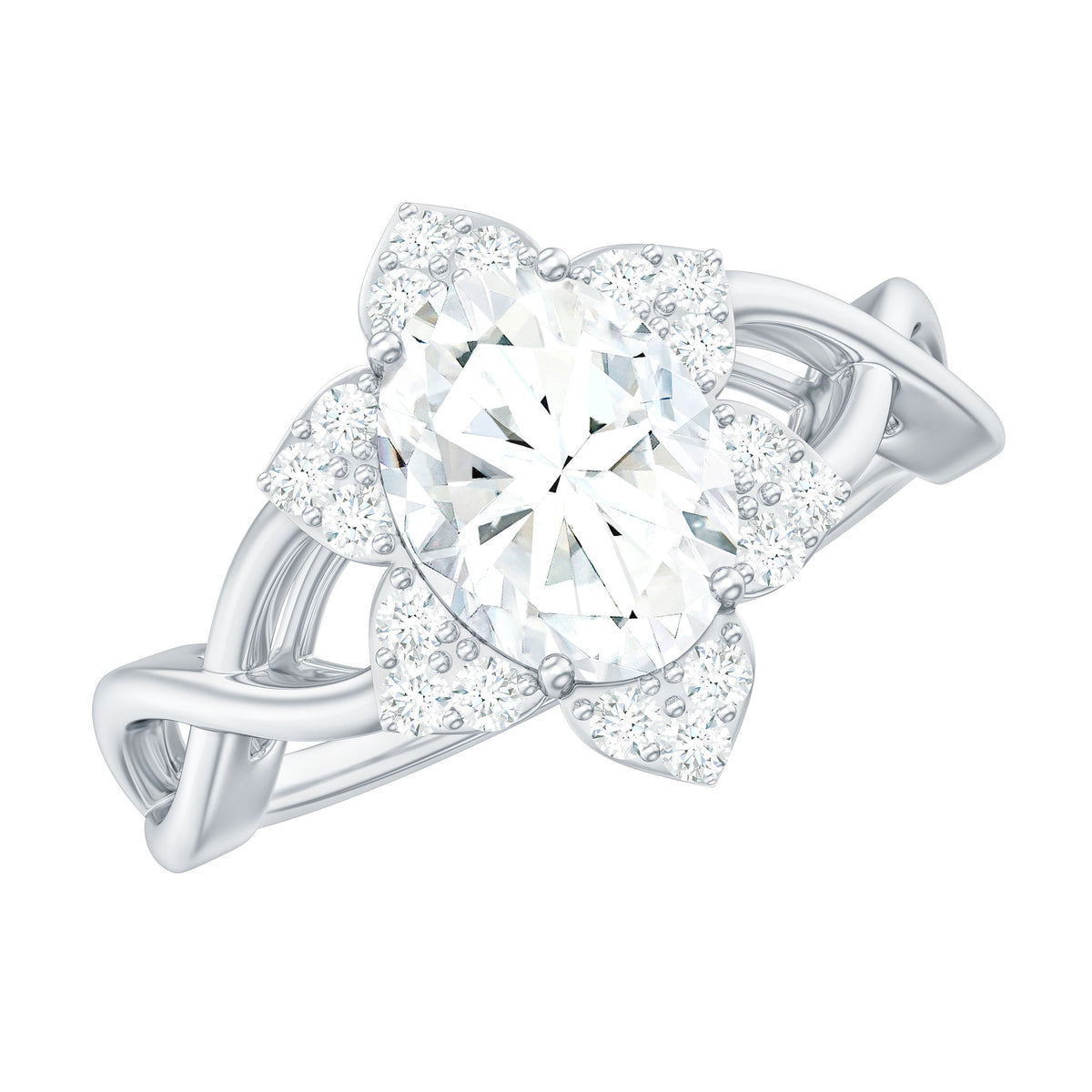 Certified Moissanite Flower Halo Engagement Ring with Criss Cross Band