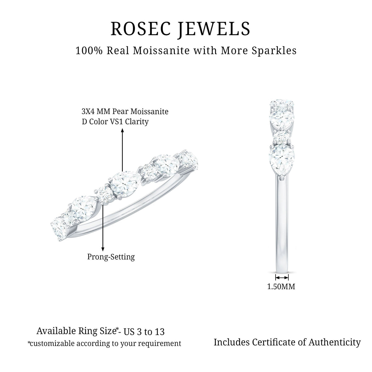 Certified Moissanite Half Eternity Stackable Ring for Women