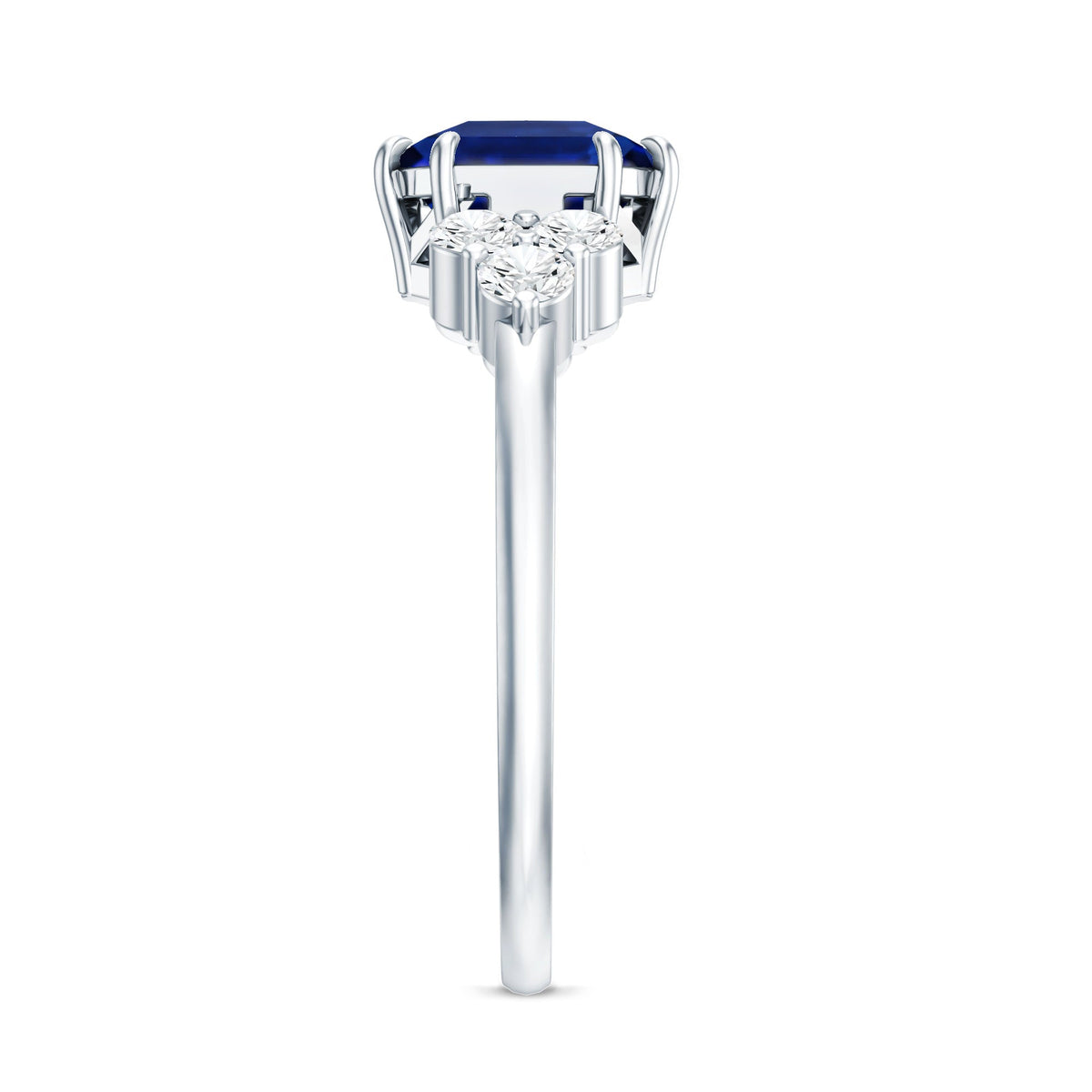 Certified 4.8 Carat Asscher Cut Lab Grown Blue Sapphire Engagement Ring with Diamond Trio
