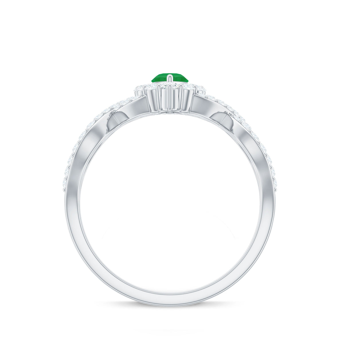 Natural Marquise Emerald Diamond Halo Engagement Ring with Crossover Shank