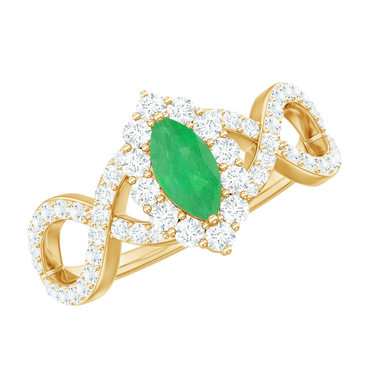 Natural Marquise Emerald Diamond Halo Engagement Ring with Crossover Shank