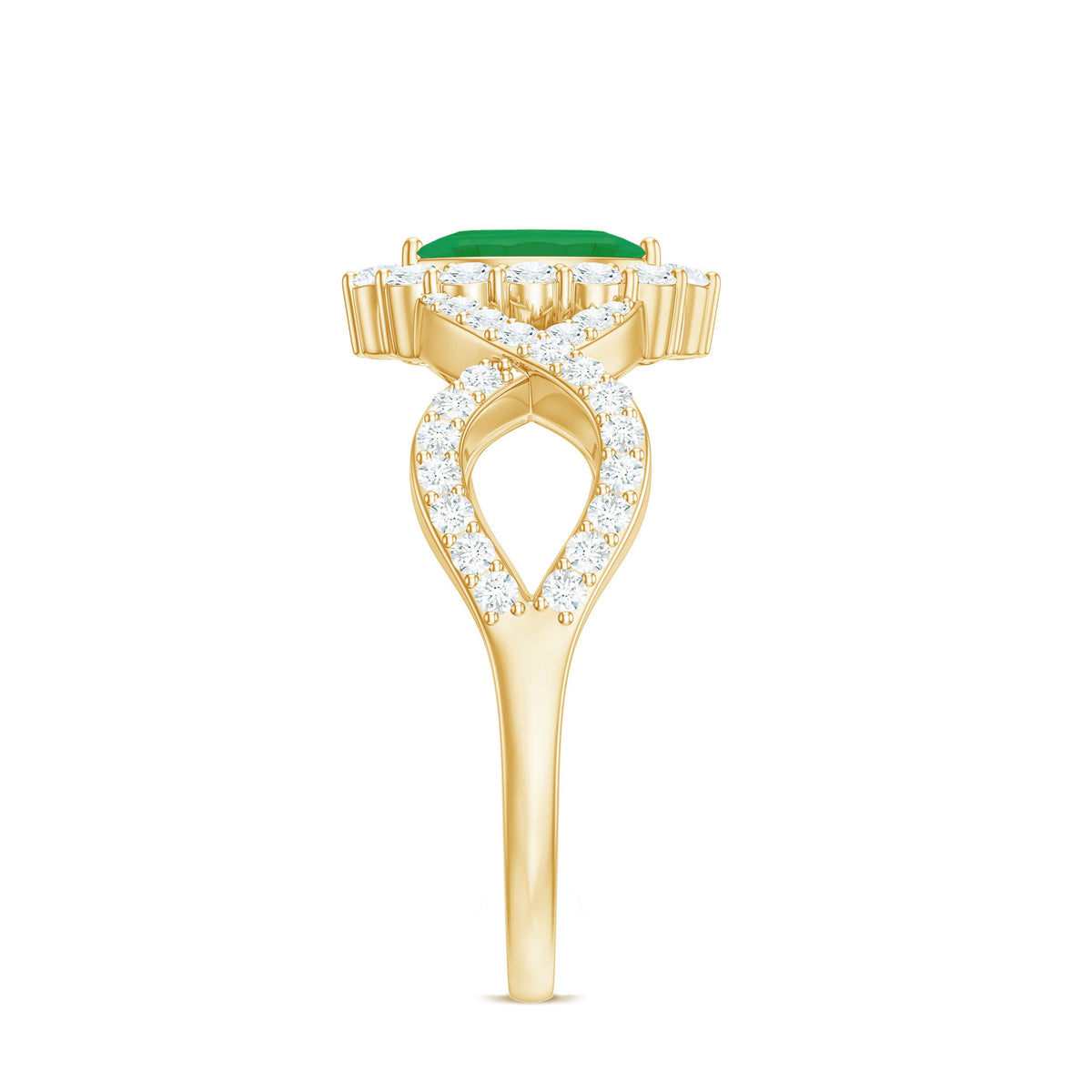 Natural Marquise Emerald Diamond Halo Engagement Ring with Crossover Shank