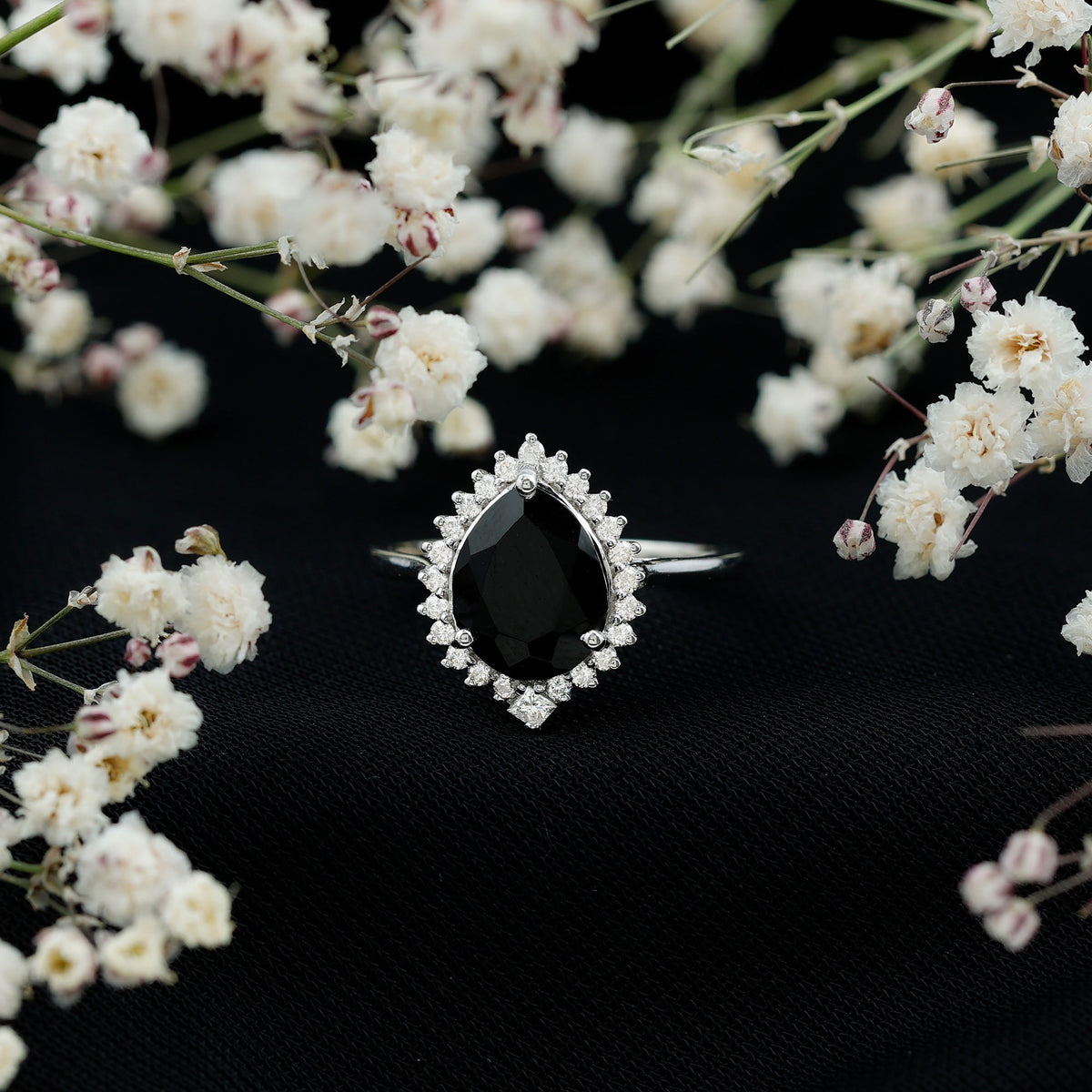 Certified 4.8 Carat Lab Grown Black Diamond Pear Shaped Engagement Ring with White Diamond Halo
