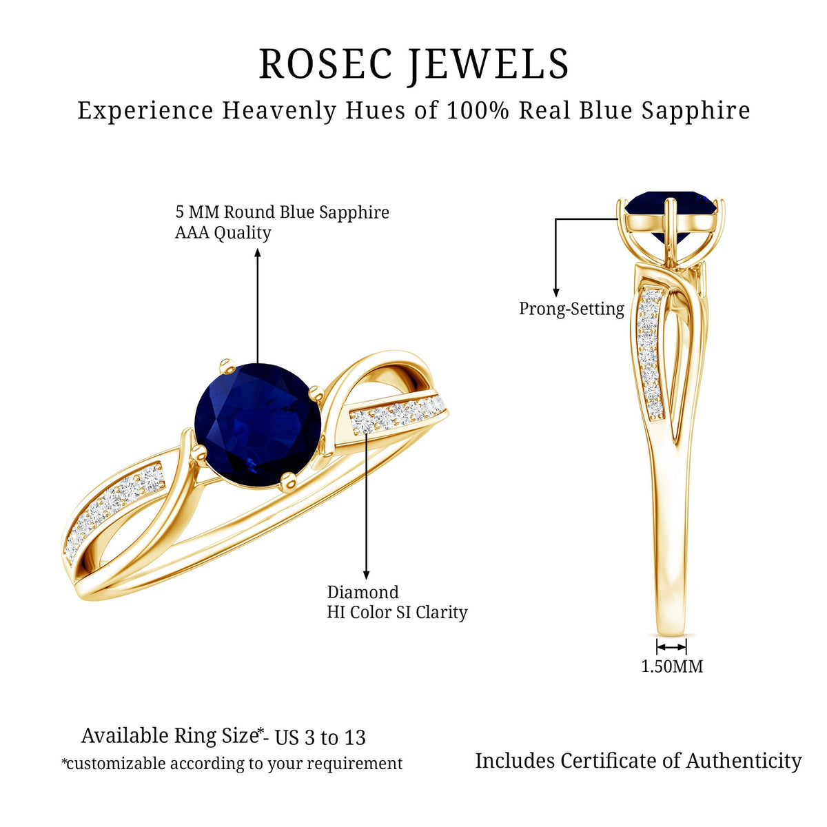 Real 0.95 Carat Round Blue Sapphire Infinity Engagement Ring with Diamond