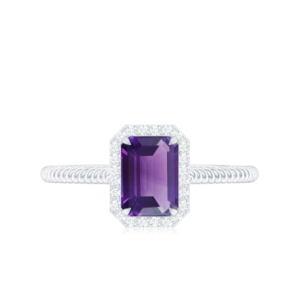 Natural 1.4 Carat Amethyst Emerald Cut Engagement Ring with Diamond Halo
