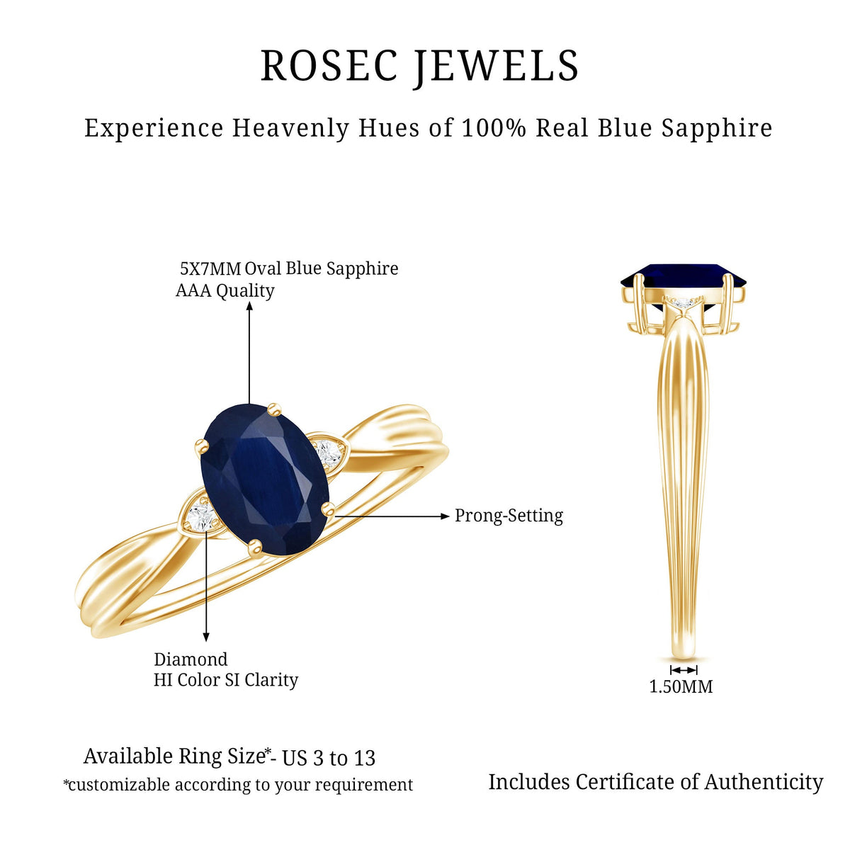 Oval Shape Real Blue Sapphire Solitaire Ring with Diamond