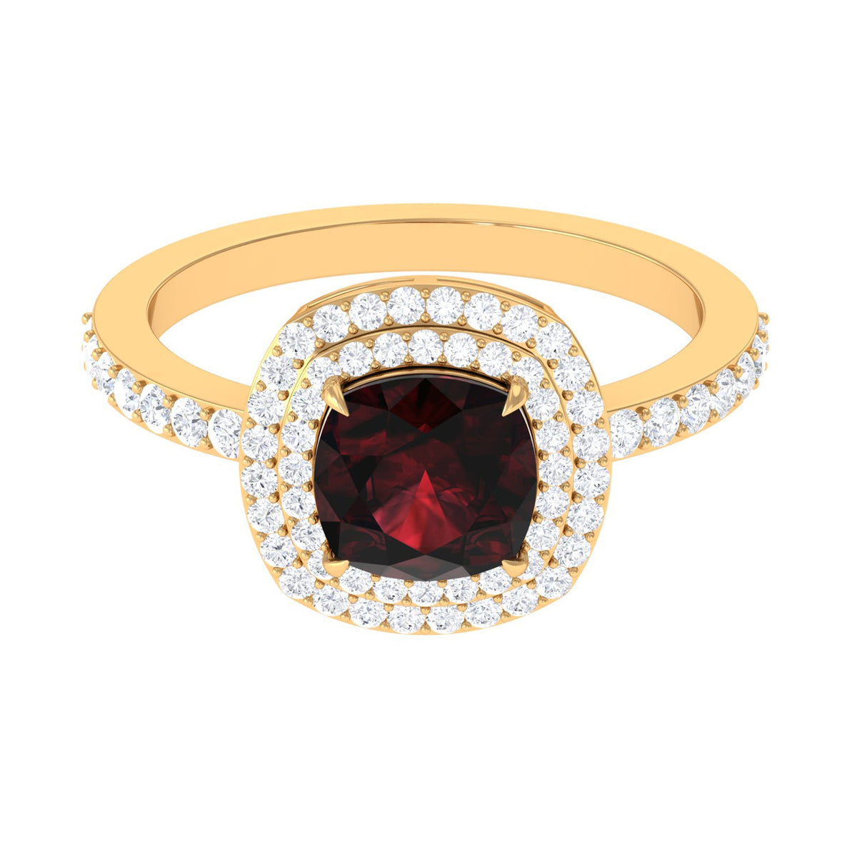 Natural 3.2 Carat Cushion Cut Garnet Diamond Double Halo Engagement Ring