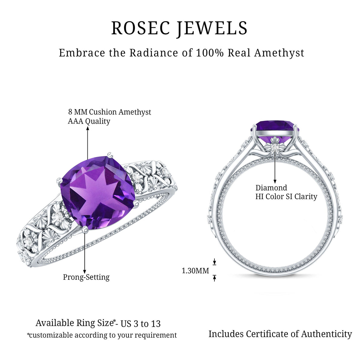 Vintage Inspired 2 Carat Amethyst Cushion Cut Engagement Ring with Diamond