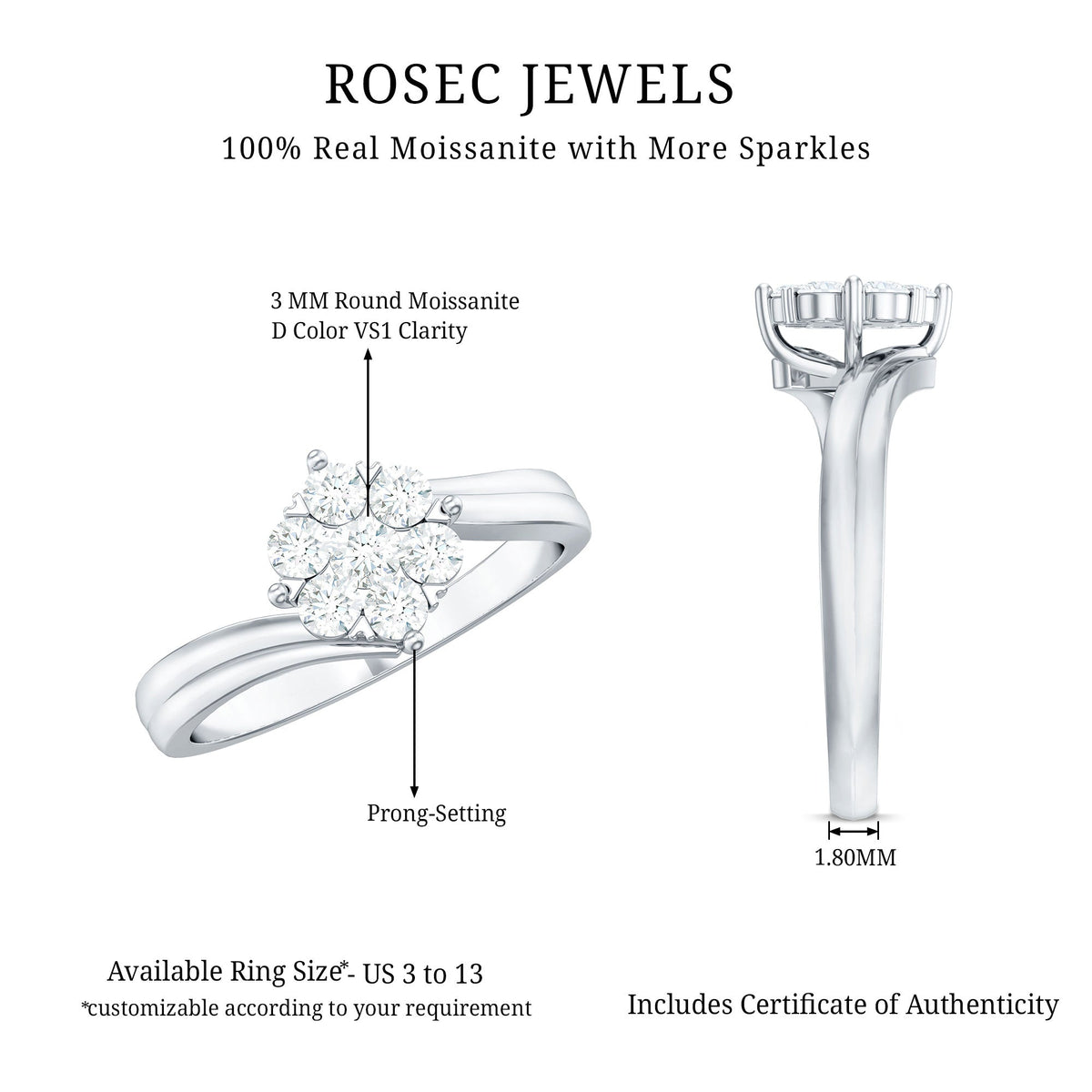 Round Moissanite Flower Proposal Ring in Bypass Shank