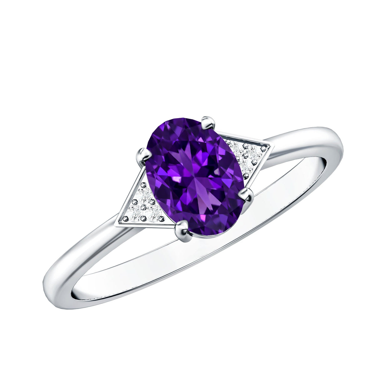 Natural 1 Carat Amethyst Oval Engagement Ring with Diamond Trio