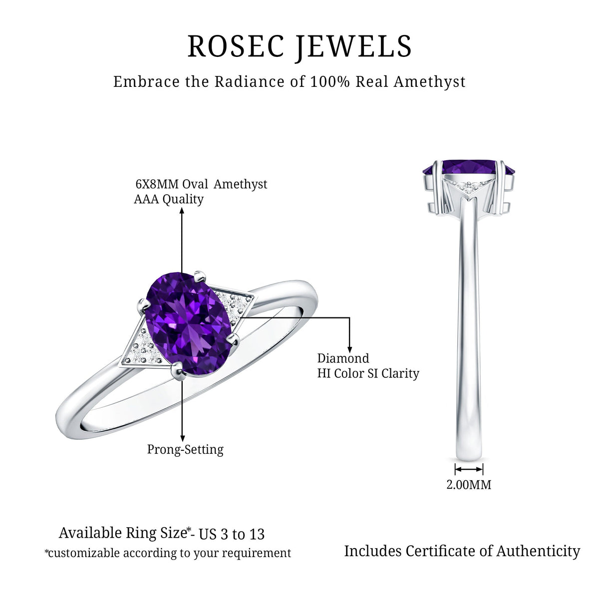 Natural 1 Carat Amethyst Oval Engagement Ring with Diamond Trio