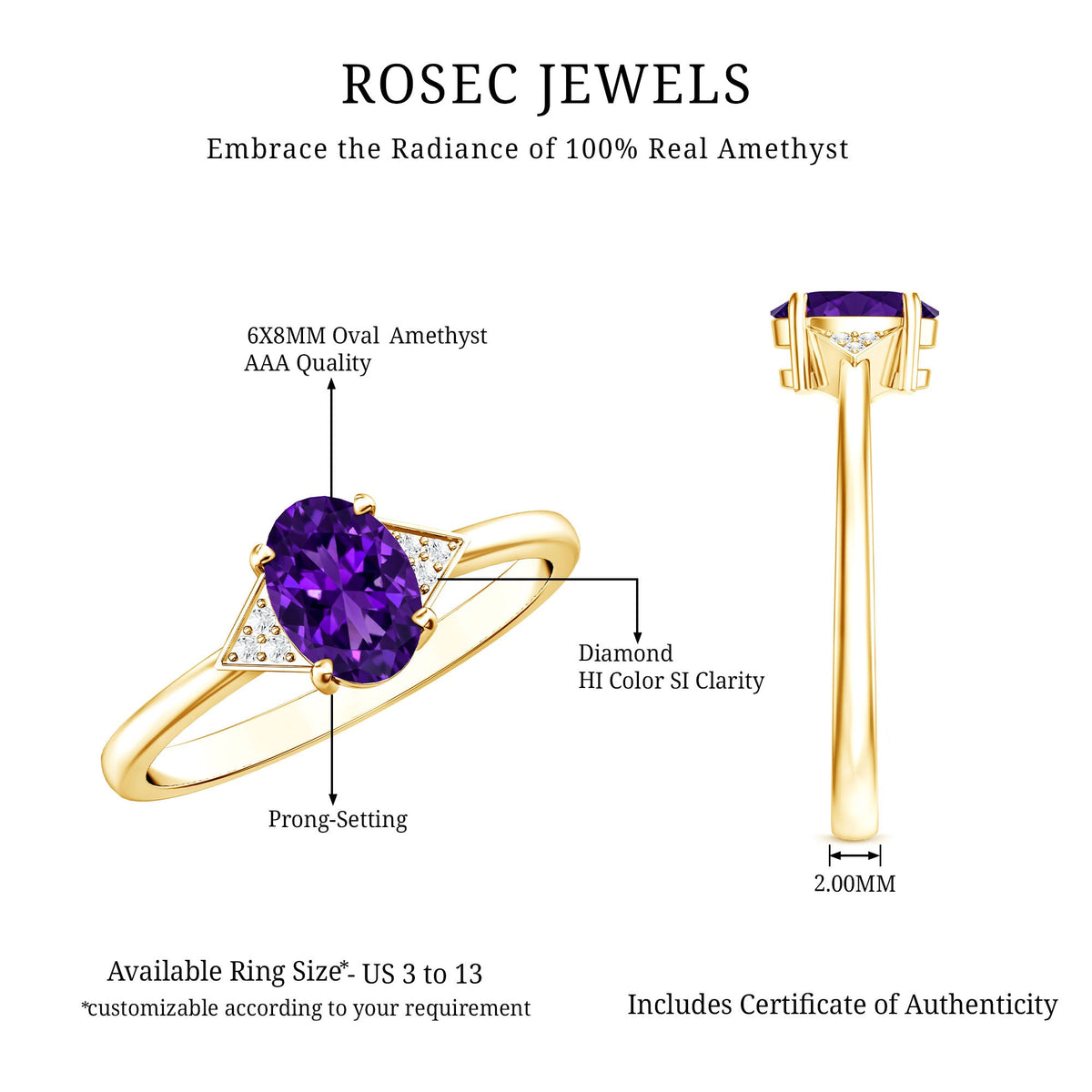 Natural 1 Carat Amethyst Oval Engagement Ring with Diamond Trio