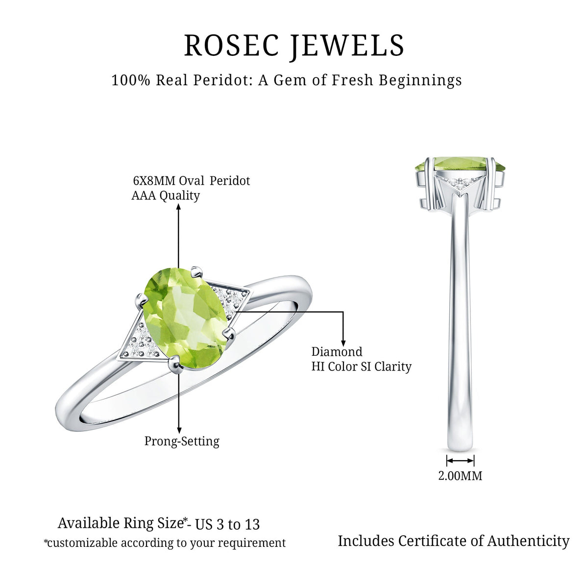 Natural Solitaire 1 Carat Peridot Oval Engagement Ring with Diamond