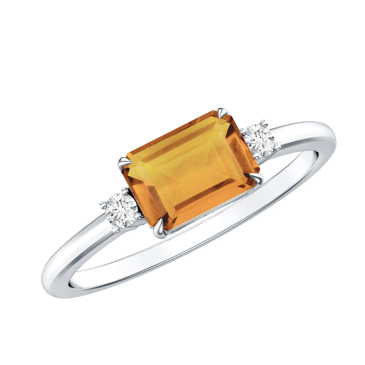 Natural Emerald Cut Citrine East West Engagement Ring with Diamond