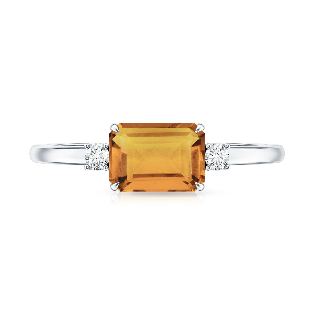 Natural Emerald Cut Citrine East West Engagement Ring with Diamond