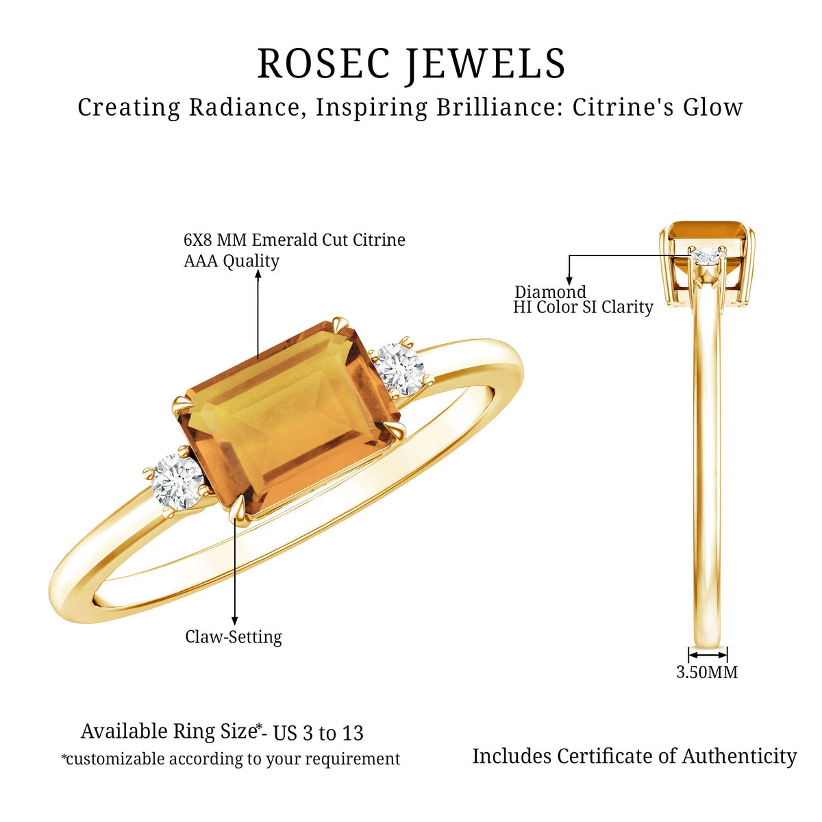Natural Emerald Cut Citrine East West Engagement Ring with Diamond
