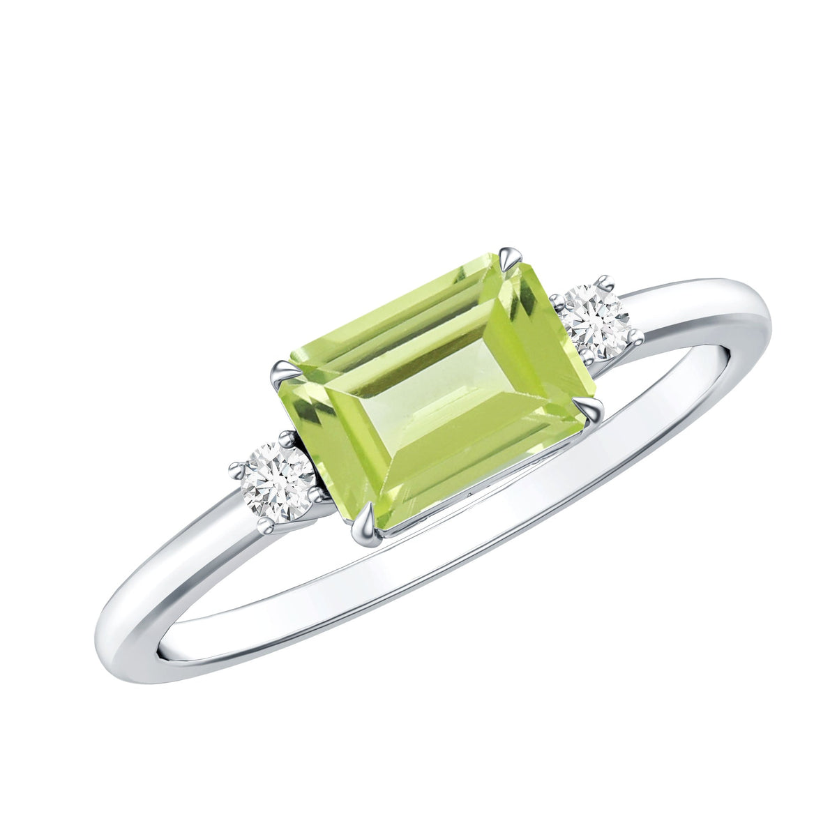 Real 1.8 Carat Peridot Emerald Cut Engagement Ring with Diamond in East West Style