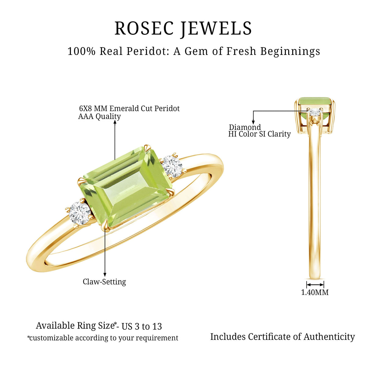 Real 1.8 Carat Peridot Emerald Cut Engagement Ring with Diamond in East West Style