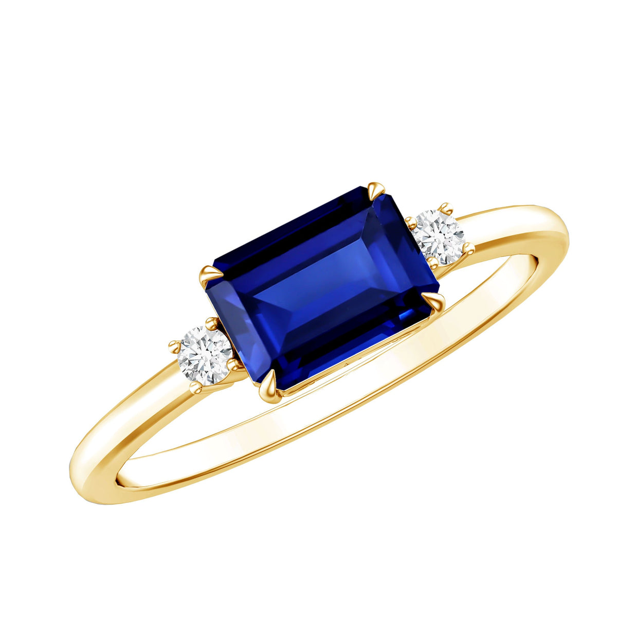 Octagon Cut Created Blue Sapphire East West Engagement Ring with Diamond