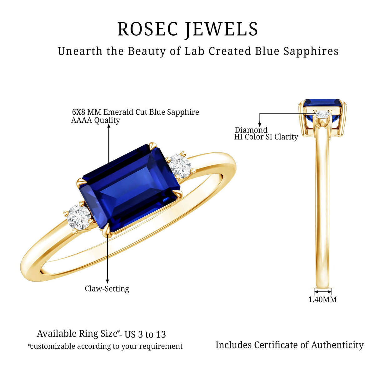 Octagon Cut Created Blue Sapphire East West Engagement Ring with Diamond