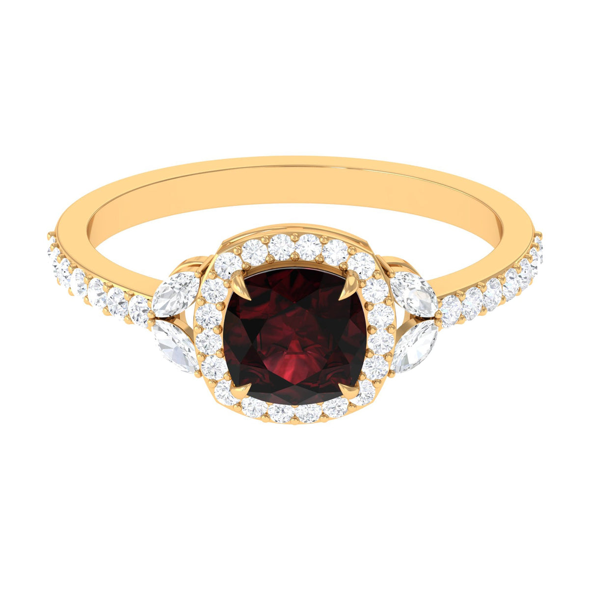 Natural Garnet Cushion Cut Engagement Ring with Diamond Halo