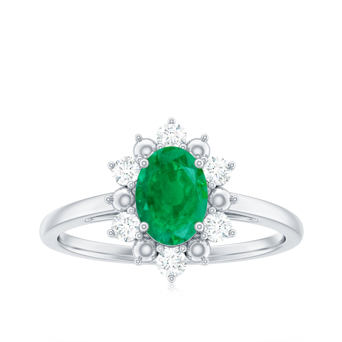 Natural 0.7 Carat Oval Emerald Engagement Ring with Diamond Halo