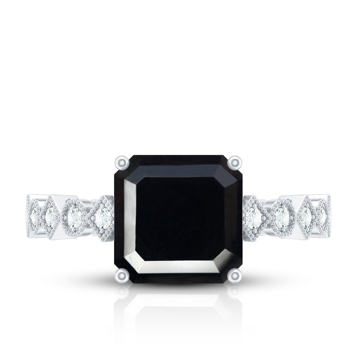 Genuine Black Onyx 3 Carat Asscher Cut Engagement Ring with Diamond